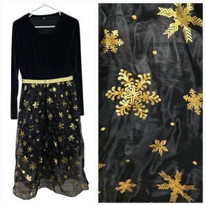 Big Girls Black Velvet & Gold Snowflake Tulle Holiday Dress Fit & Flare Festive